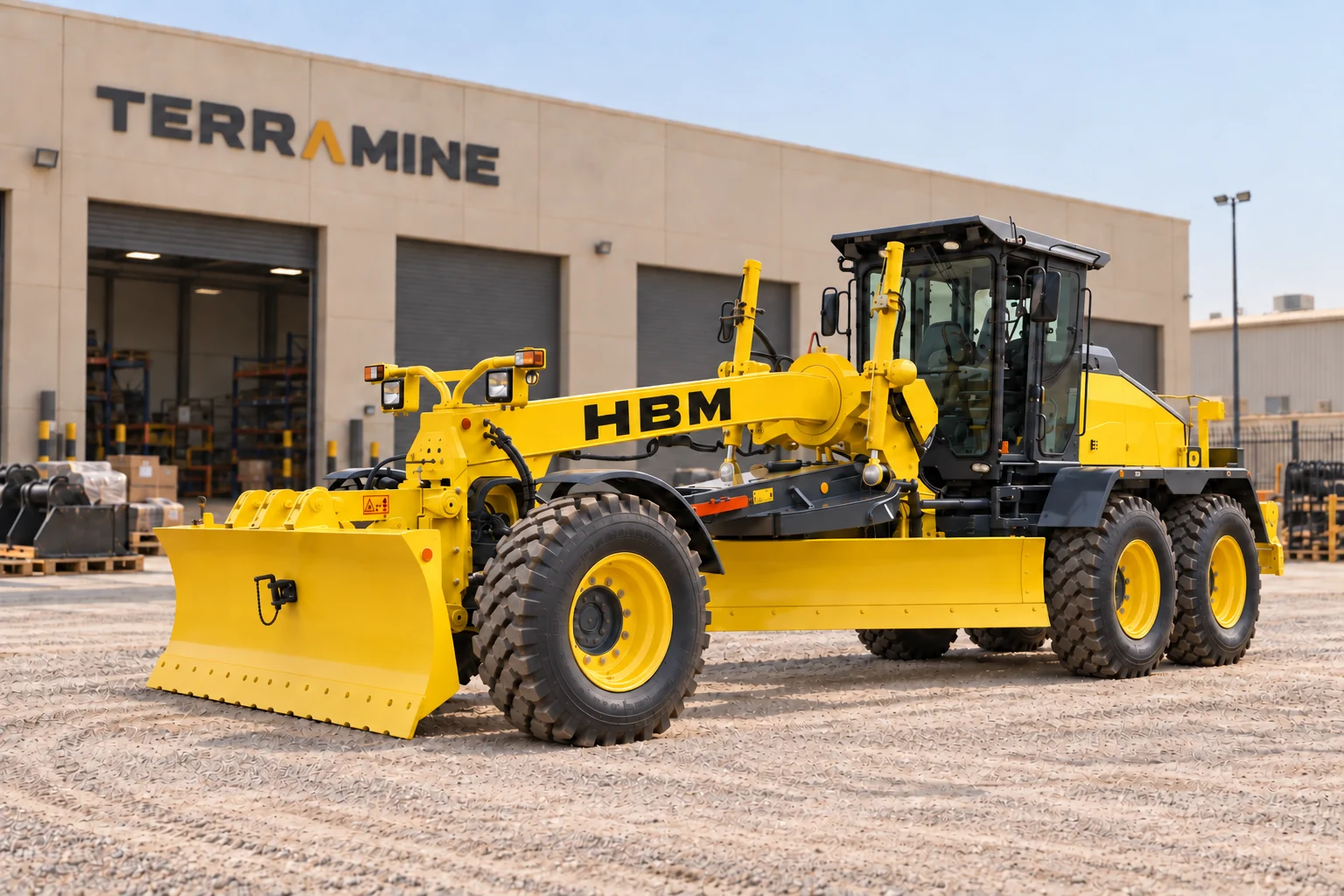 Illustrative AI image of an HBM-Nobas motor grader at a Terramine equipment yard