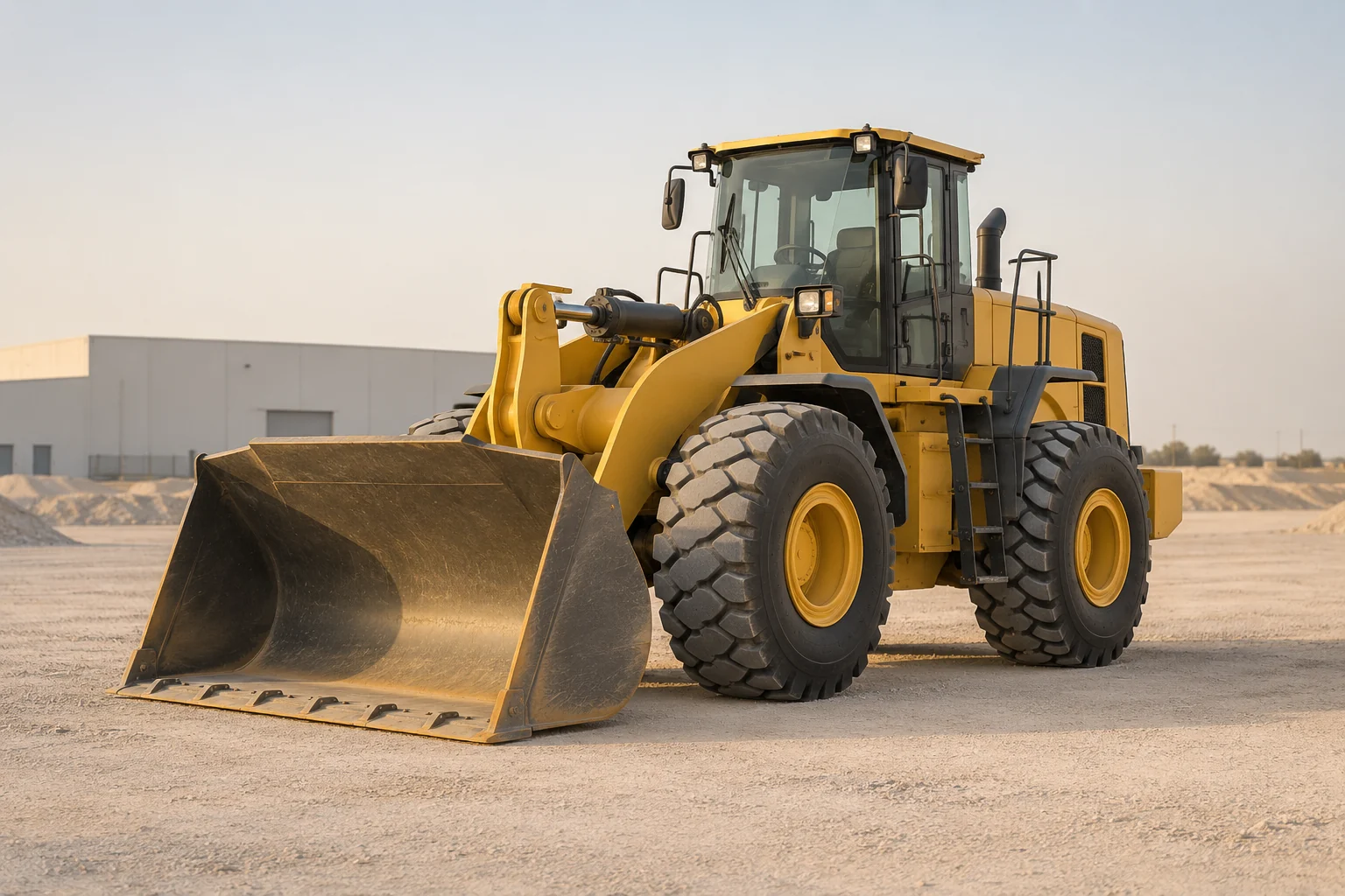 Illustrative yellow wheel loader in an equipment yard