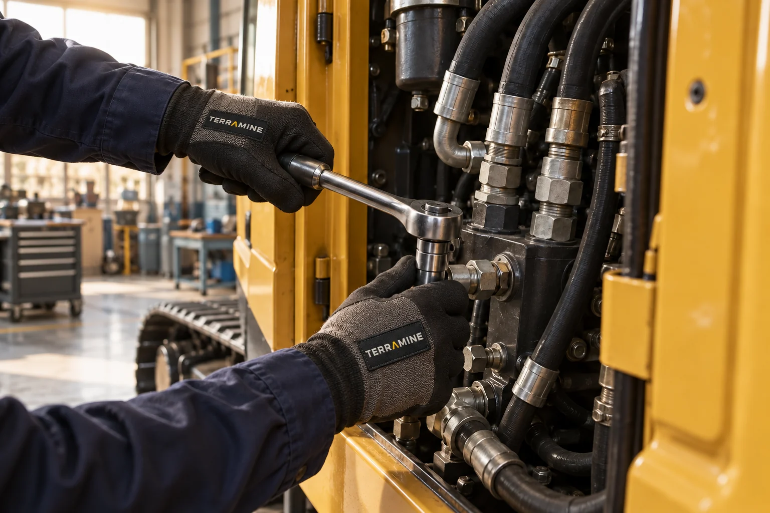 Illustrative AI image of a mechanic servicing heavy equipment with Terramine-branded work gloves