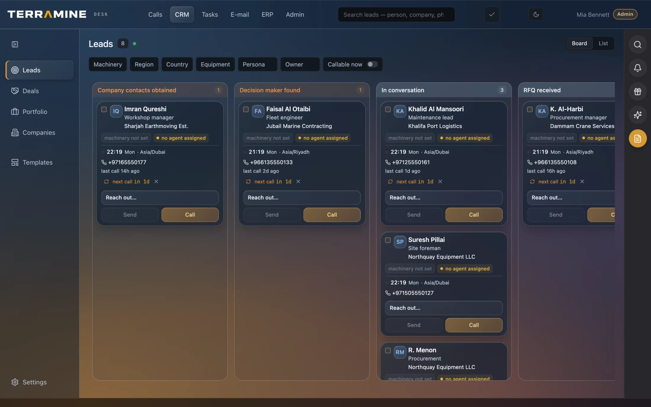 Terramine Desk CRM lead board, using fictional demonstration data