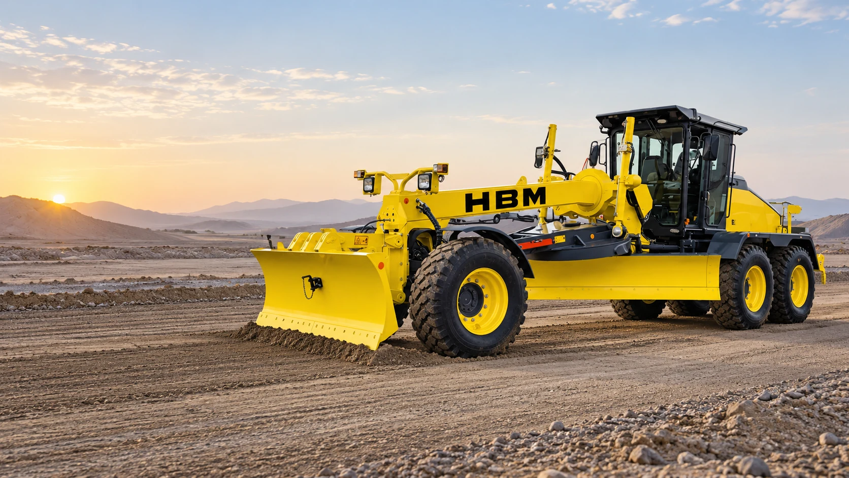 Illustrative AI image of a motor grader on a construction site