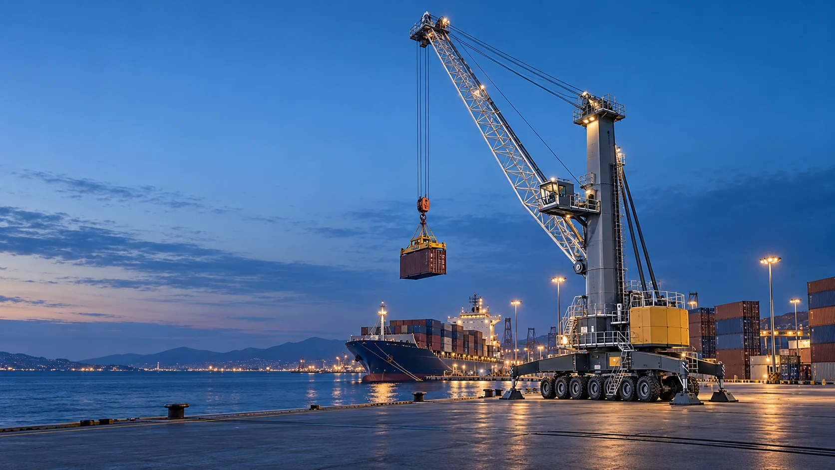 Illustrative AI image of a mobile harbour crane at blue hour